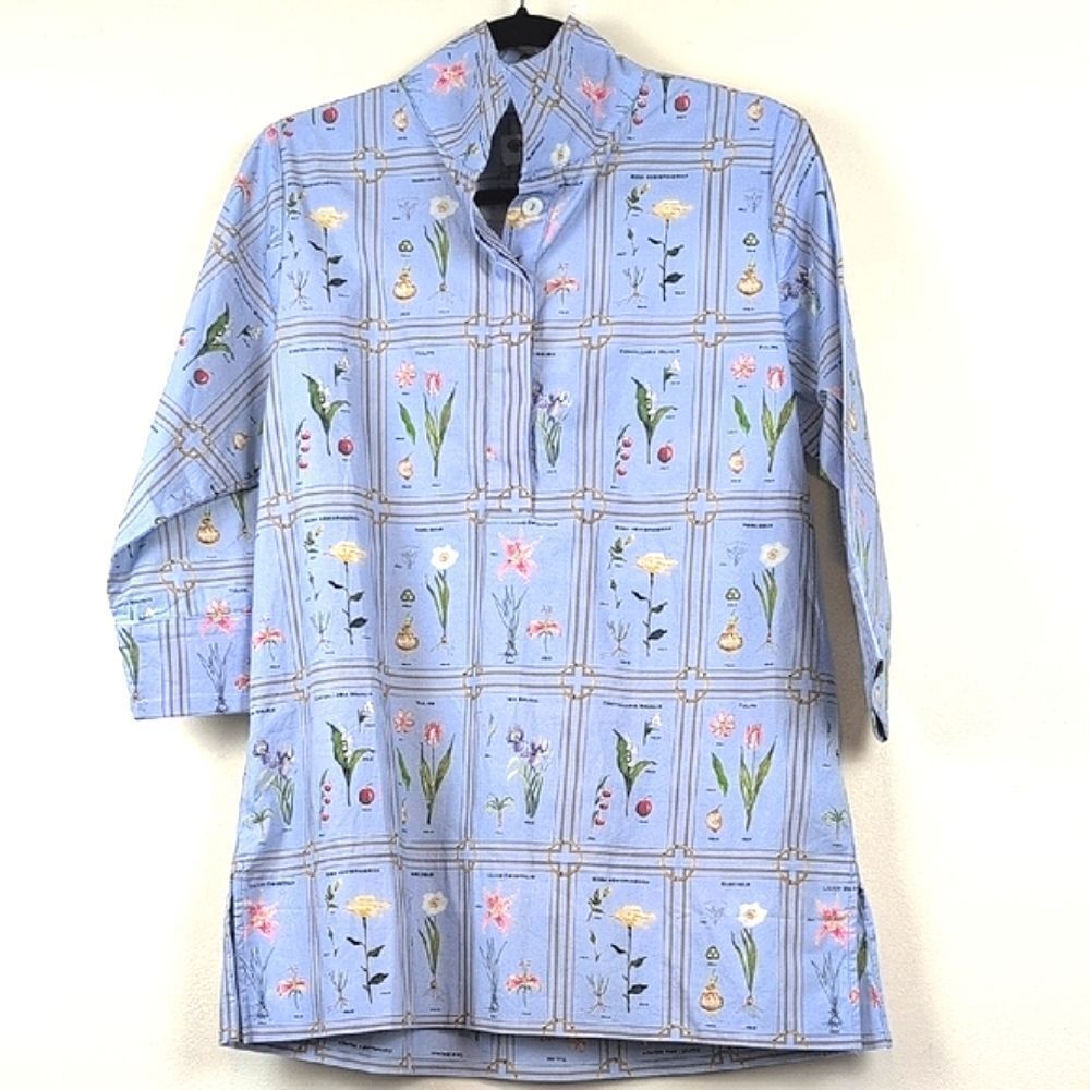 Holly Shae Designs Blue Botanical Standing Collar Tunic Blouse Nwt